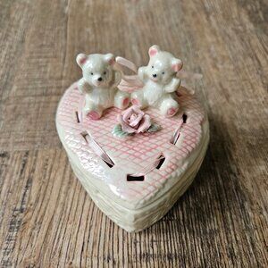 Porcelain Heart Shaped with Bears and Roses Trinket Box